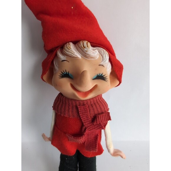 Vintage 50's Japan Elf Pixie Rubber Face 8” Felt Ornament MCM Poseable Arms Red - Picture 2 of 3